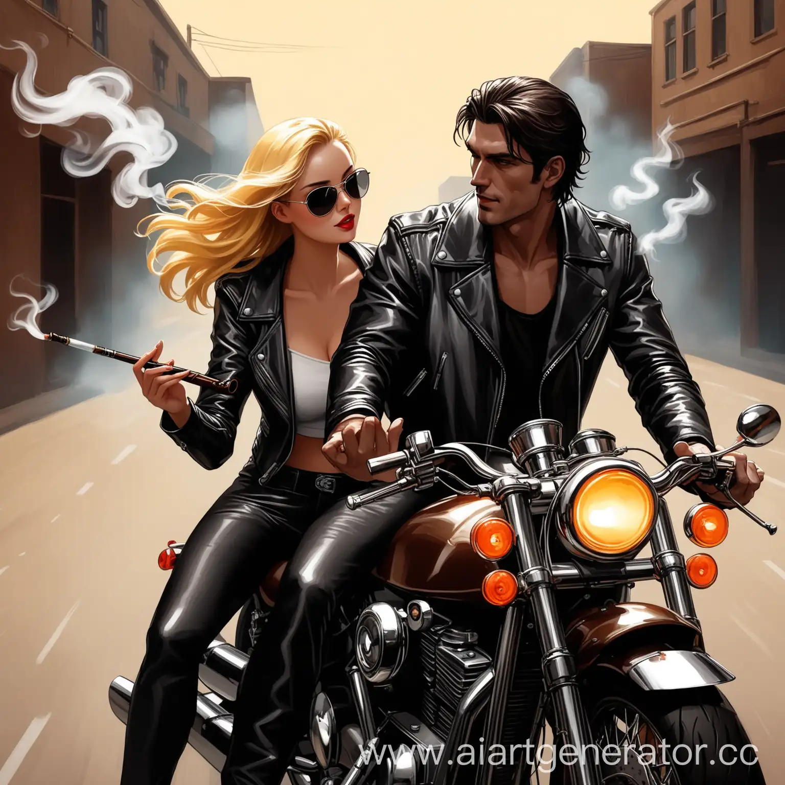 Парень с темными волосами в кожаной куртке,девушка блондинка в кожаном костюме едут на мотоцикле,девушка держит в руках дымовую шашку