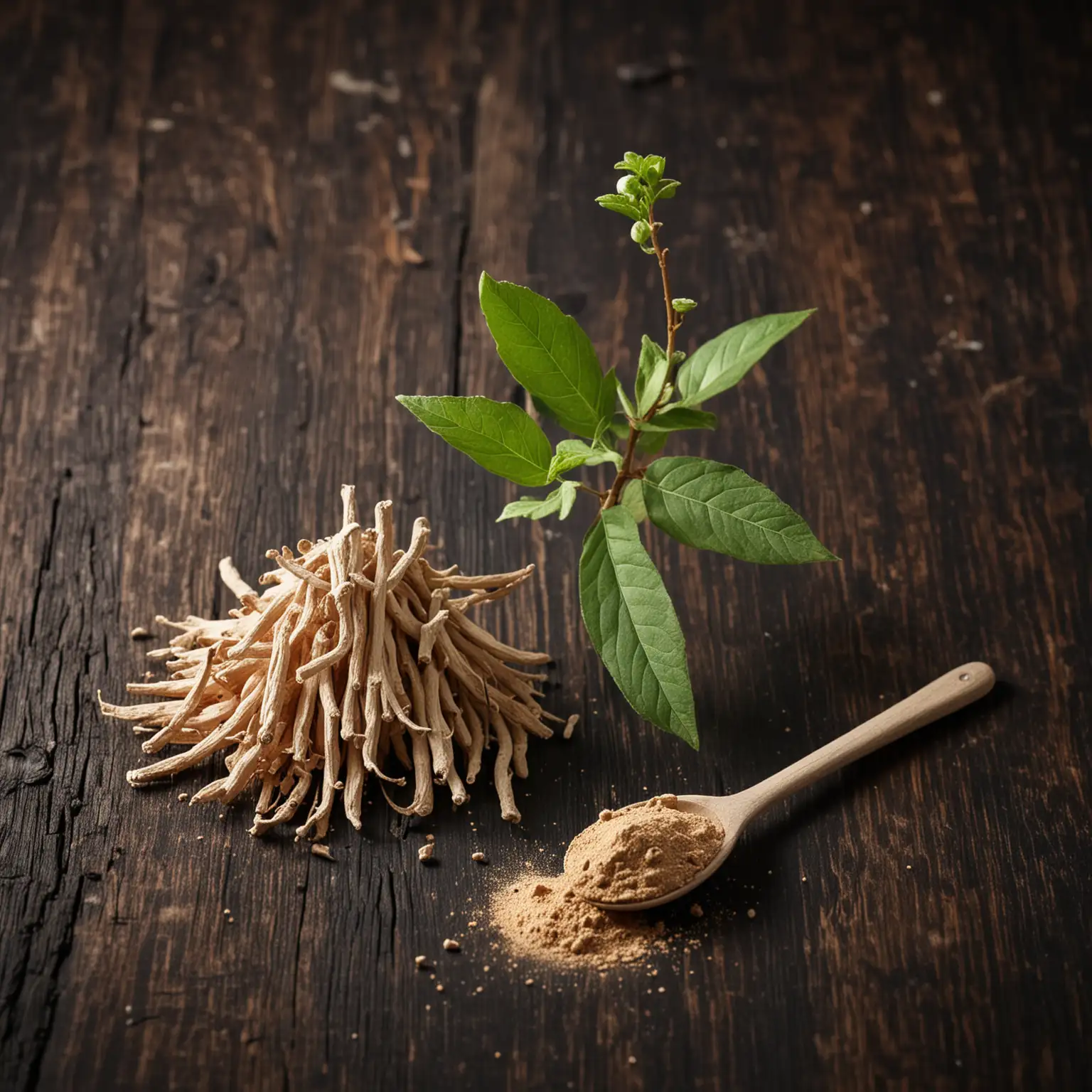 Ashwagandha plant in stem and powder form on dark wooden table with selective focus