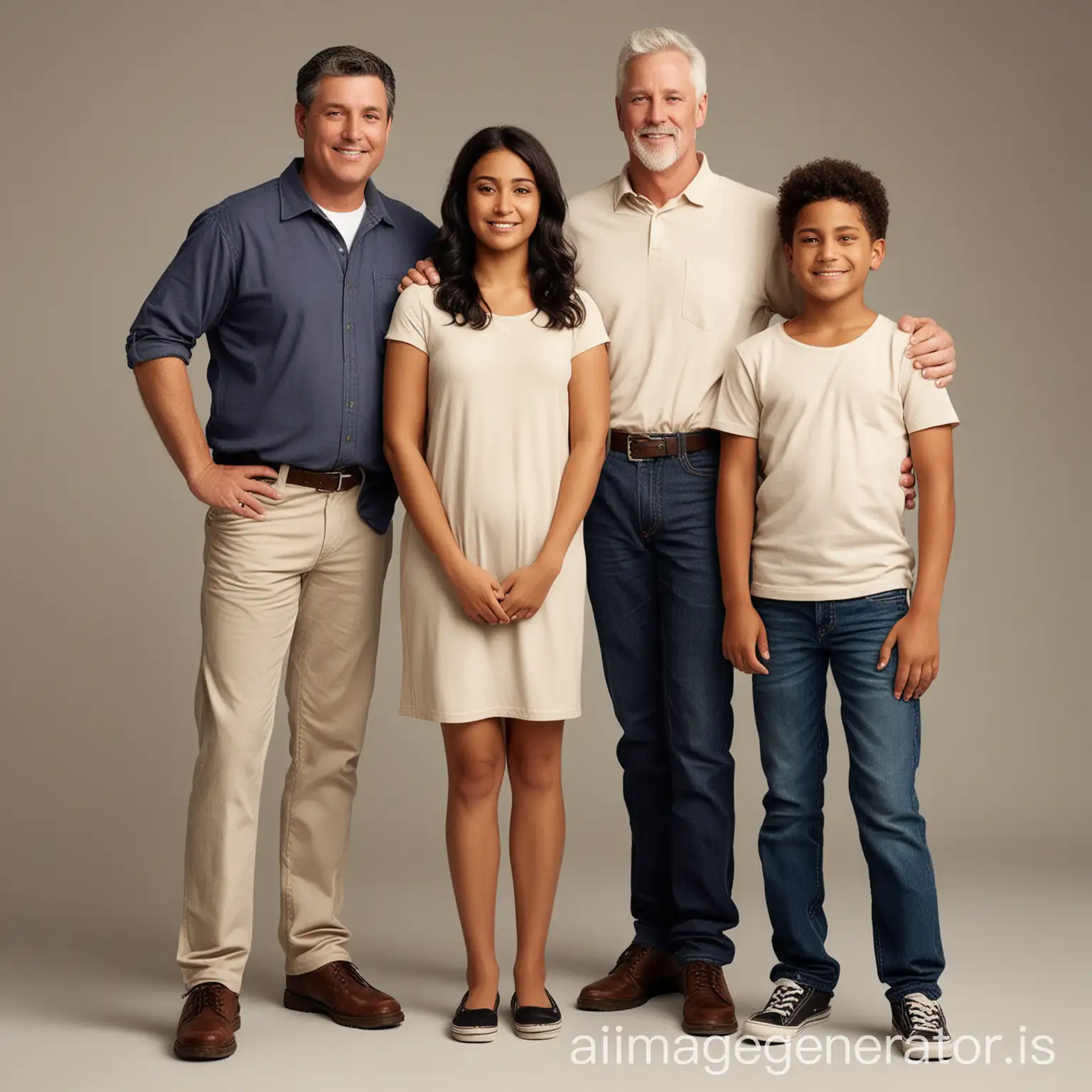 Family of white tall dad, brown skinned mom with black hair, one teenage daughter and two boys with brown hair