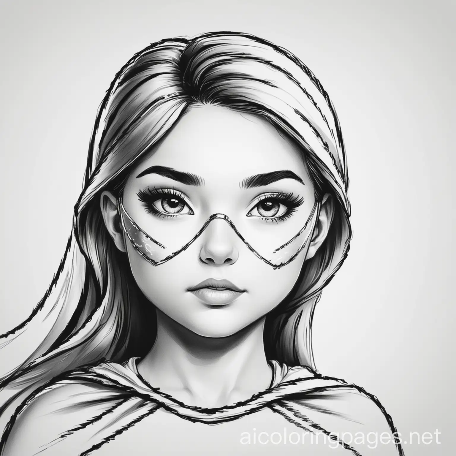 Superhero girl with mask and cape, Coloring Page, black and white, line art, white background, Simplicity, Ample White Space.
