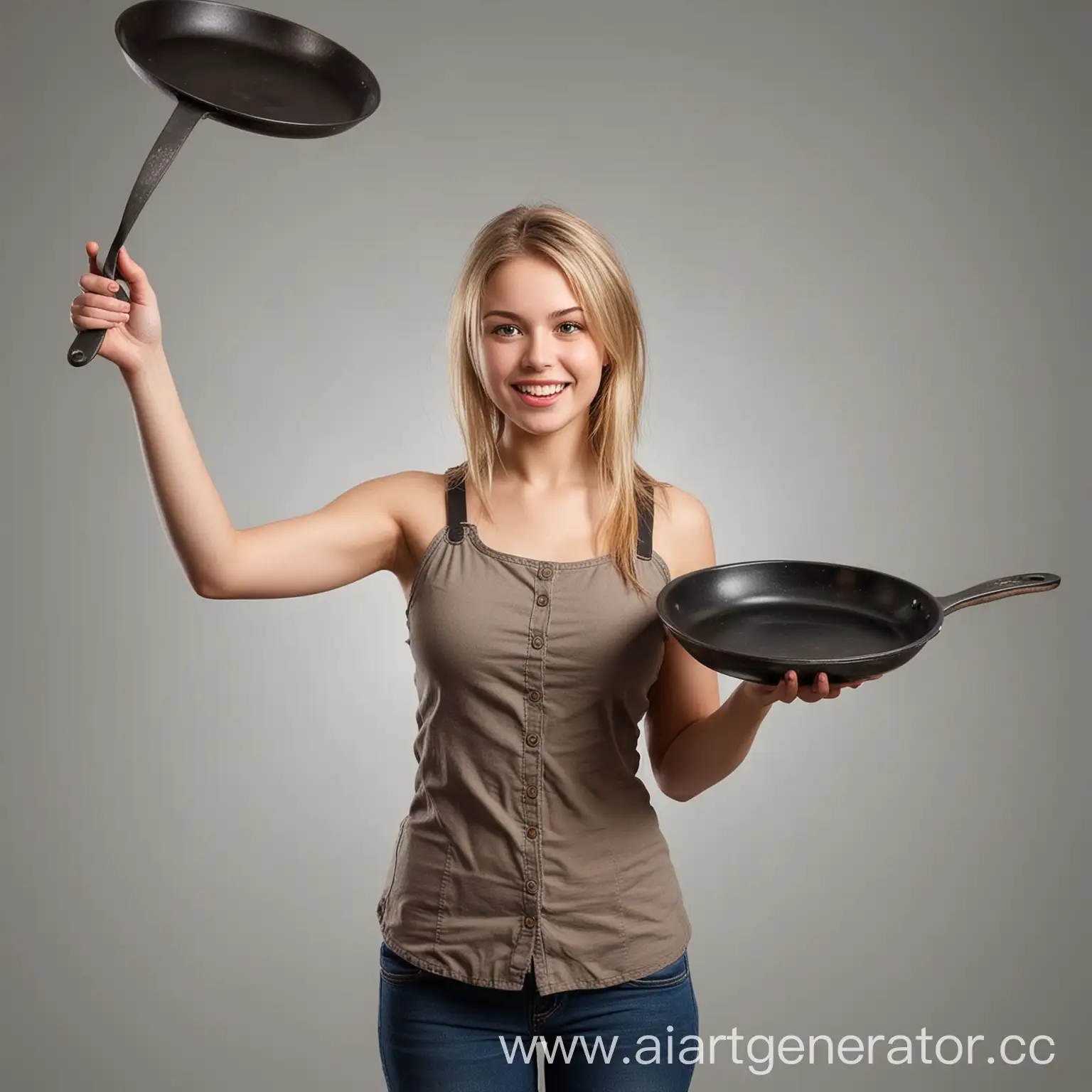 Красивая Девушка со сковородой в руках, сковорода поднята вверх, формат PNG, размер 664 на 617 пикселей