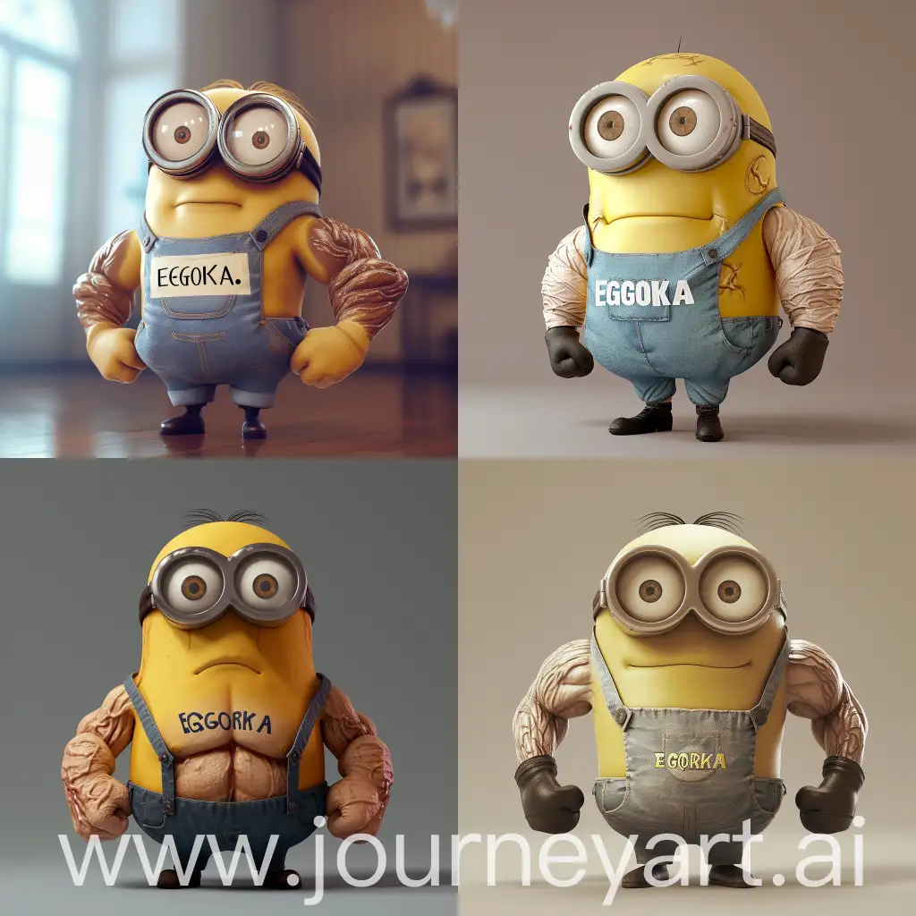 A muscular minion from "Despicable Me", with big veins on his arms, wearing a T-shirt with the inscription "EGORKA". The minion should be standing proudly, showcasing its muscular physique.