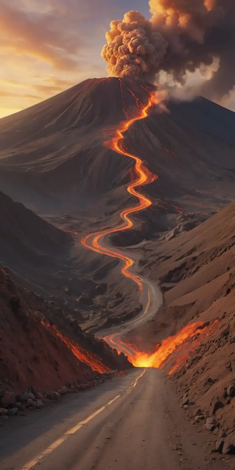 Create a curvy zigzag road to a crater of an exploding volcano from the bottom of the mountain to the top where the cars are going and people are walking eagerly to see the crater, sunset, contrasting colours, 8k