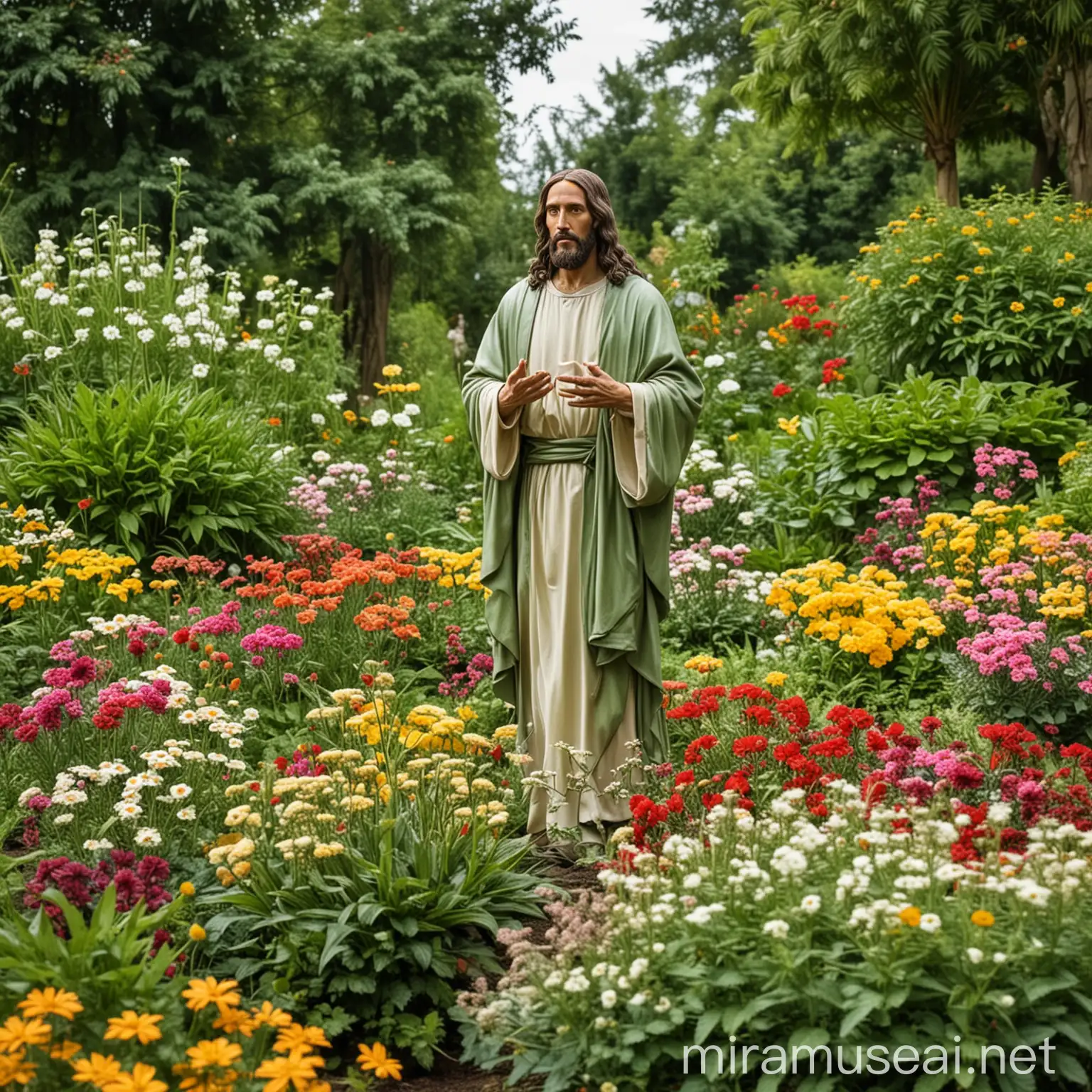 Jesus Christ Surrounded by Children in Lush Green Garden with Abundant Flowers