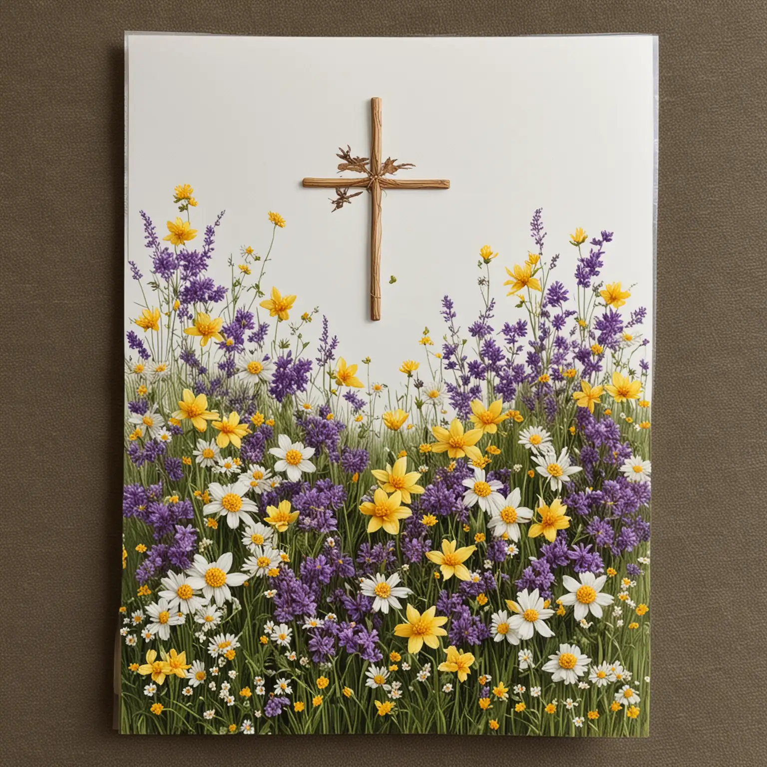 Easter Card size: 11.5 x 17 cm. Field with Easter flowers - wild flowers in purple, yellow and white. Top right hand corner to have a cross design added