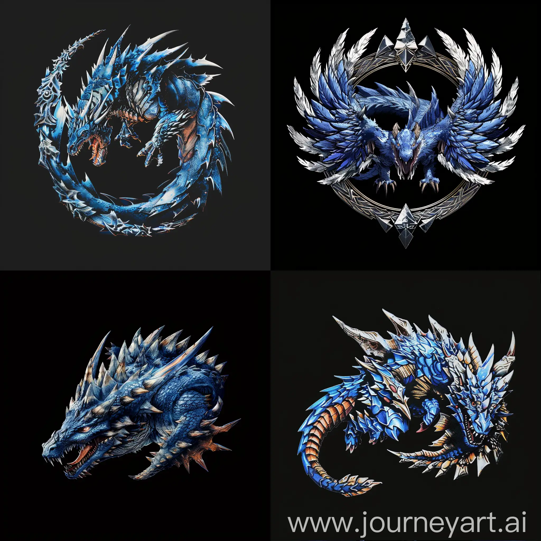 The logo on which the blue Teostra from the game "Monster hunter: World" is depicted. Background: black. View: from the side