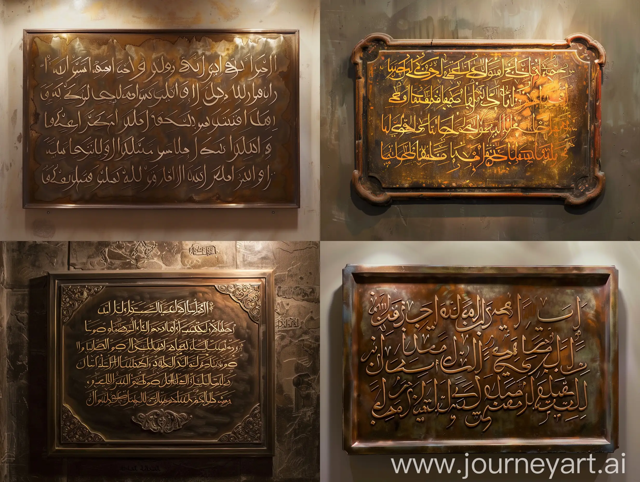 A plaque in the museum with the following written in Arabic calligraphy: (The strong believer is better and more beloved to Allah than the weak believer, and in each there is good. Be keen on what benefits you, and seek help from Allah and do not lose heart, and if something befalls you, do not say: If only I had done such and such, but say: Allah has decreed and what He wills He does; for (if) opens the door to the work of Satan.) Very clear handwriting, the shape of a painting and realistic handwriting with beautiful lighting