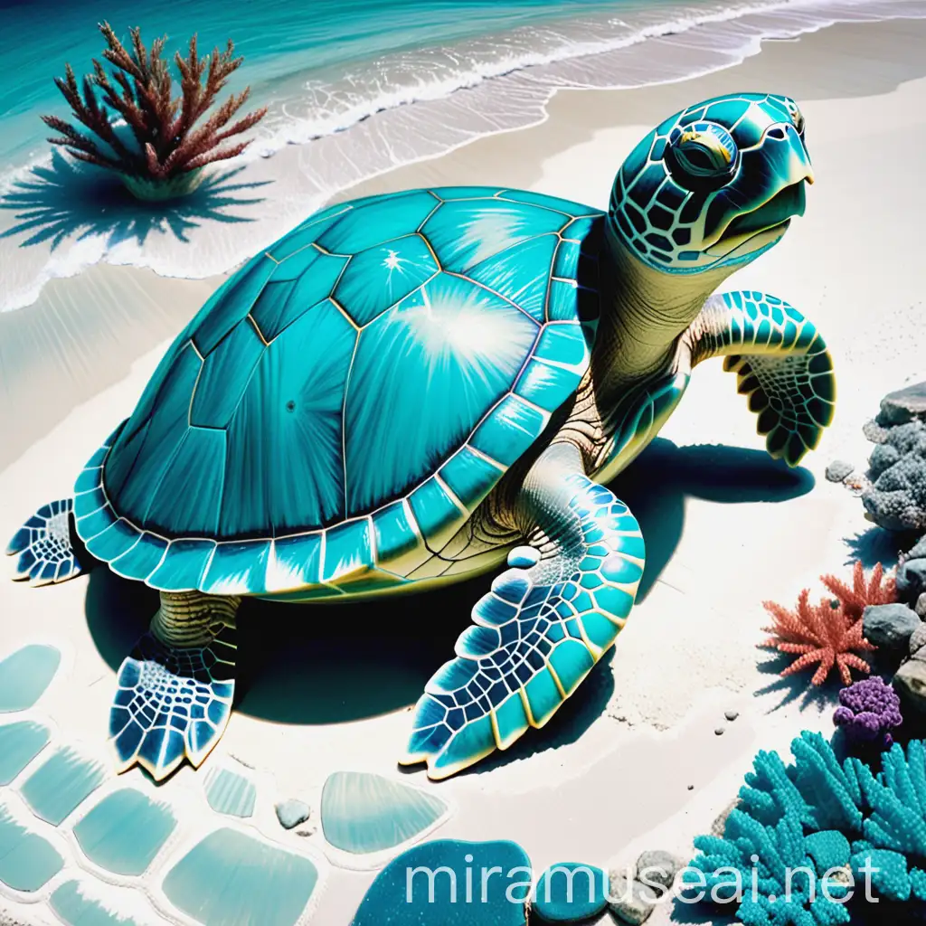 Turquoise Turtle Swimming in Coral Reef