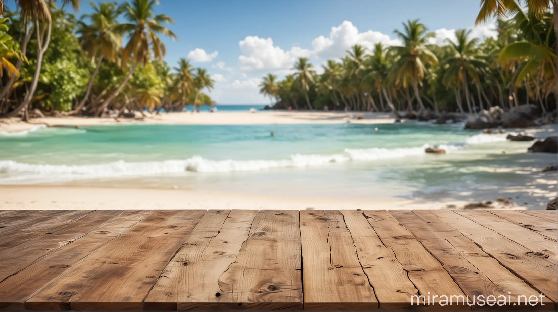 Wooden table top with the blurred tropical beach landscape for display or montage your products