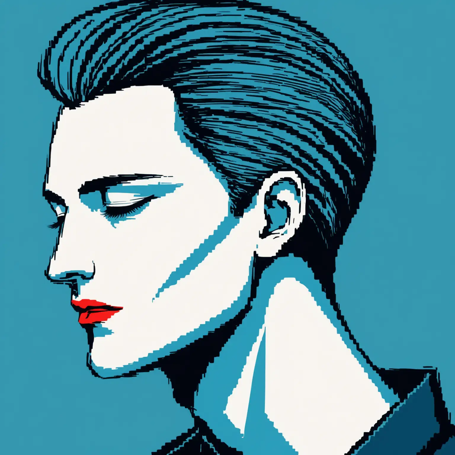 A modern, minimalist vector art portrait of a man in profile, facing left. The artwork uses a limited color palette primarily consisting of shades of blue, along with white and red accents. The man's face is composed of smooth, geometric shapes and bold lines, giving the image a clean and stylized appearance.

His skin is rendered in varying shades of blue, creating a sense of depth and contour. The darkest blue outlines the shape of his head and neck, while lighter blues are used to define the facial features. Highlights are added with white, accentuating the curvature of his forehead, nose, cheek, and chin.

His hair is a deep, solid navy blue, flowing smoothly and framing his face with a large, sweeping curve that contrasts with the lighter blue background. The hair's simplicity in design adds to the overall minimalist aesthetic.

The woman's eye is closed, with a simple black line defining the eyelid and a small, curved line for the eyelashes. His eyebrows are also depicted with a bold black line, adding definition to her serene expression.

His lips are vividly colored in bright red, standing out strikingly against the blue tones of his skin. The lips are slightly parted, revealing a hint of white teeth, and are rendered with smooth, flowing lines that add to the overall elegance of the portrait.

The background is a flat, medium blue, providing a solid contrast to the darker and lighter blues used in the man's face and hair. The overall composition is balanced and harmonious, emphasizing the clean lines and bold colors characteristic of minimalist vector art. The artwork exudes a sense of calm and sophistication, with a focus on the beauty of simplicity and color contrast.