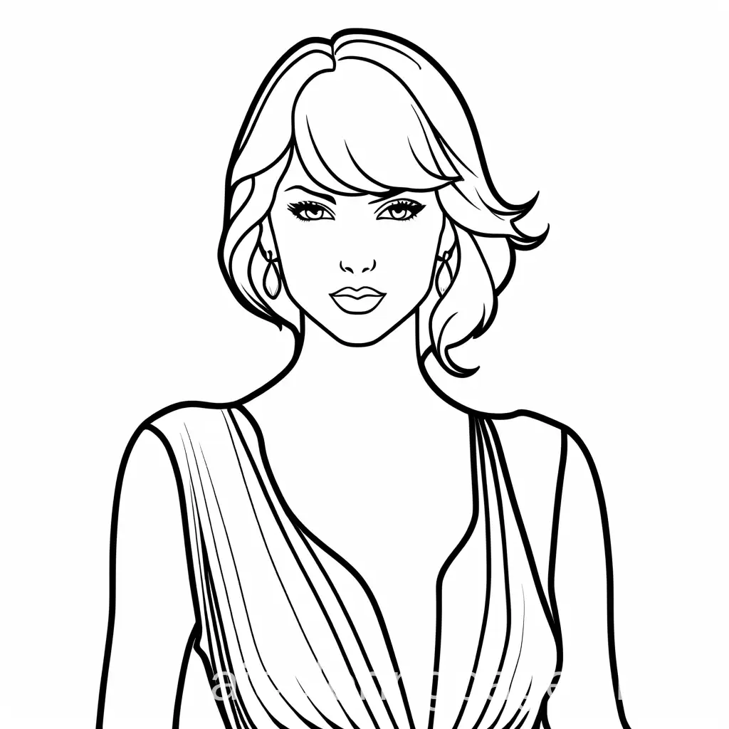 Taylor swift singer full body coloring picture, Coloring Page, black and white, line art, white background, Simplicity, Ample White Space. The background of the coloring page is plain white to make it easy for young children to color within the lines. The outlines of all the subjects are easy to distinguish, making it simple for kids to color without too much difficulty