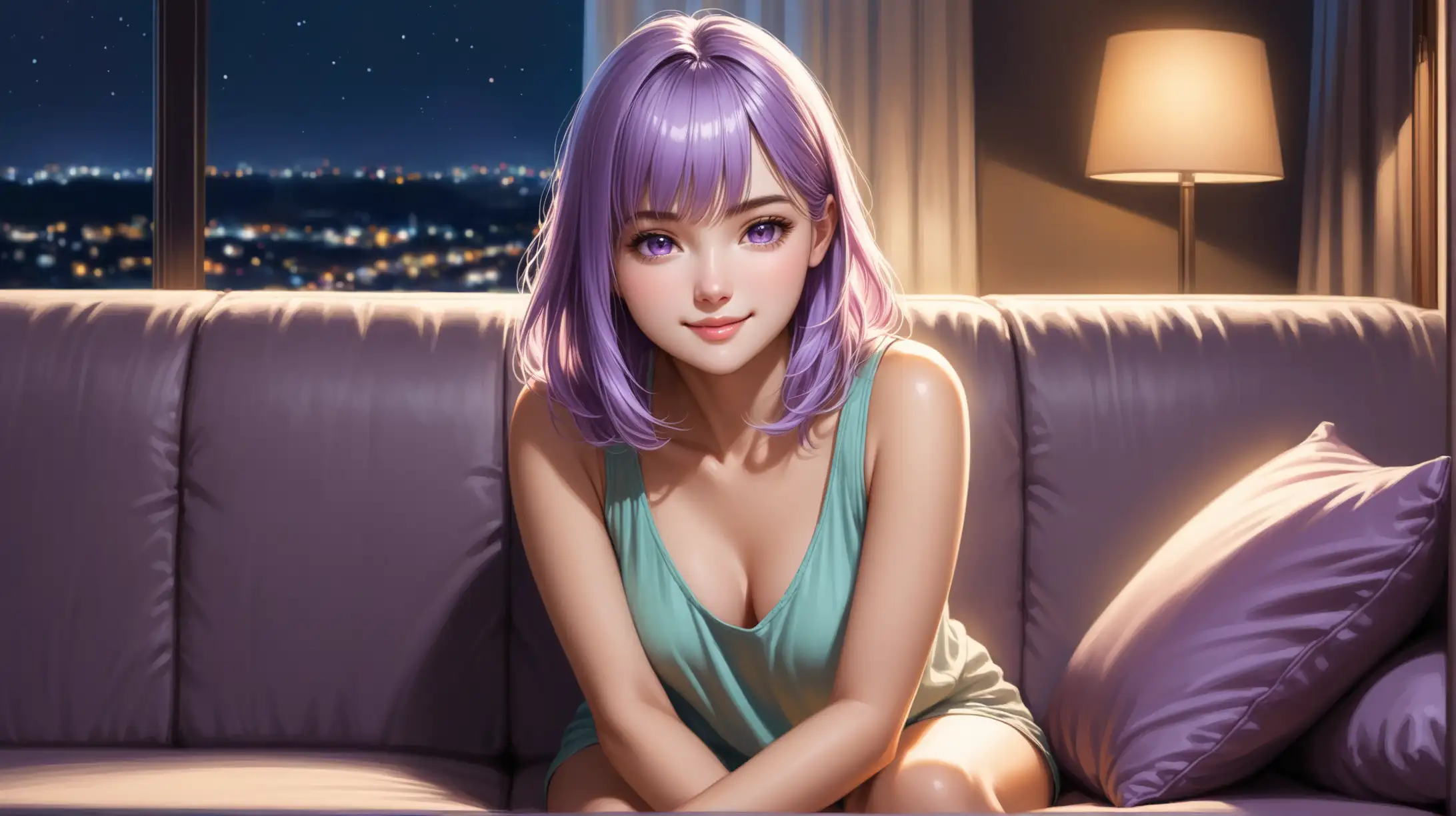 Draw a woman, shoulder length light purple hair, messy bangs framing her face, light purple eyes, petite figure, high quality, realistic, accurate, detailed, long shot, indoors, sitting on sofa, night lighting, seductive pose, casual summer outfit, smiling at the viewer