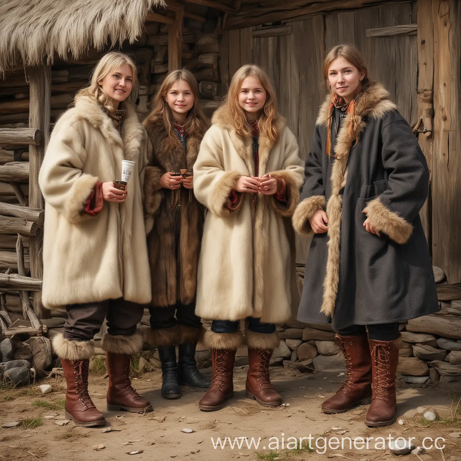 Friendly-Siberian-Villagers-in-Traditional-Attire-Collaborating-in-the-Snowy-Village
