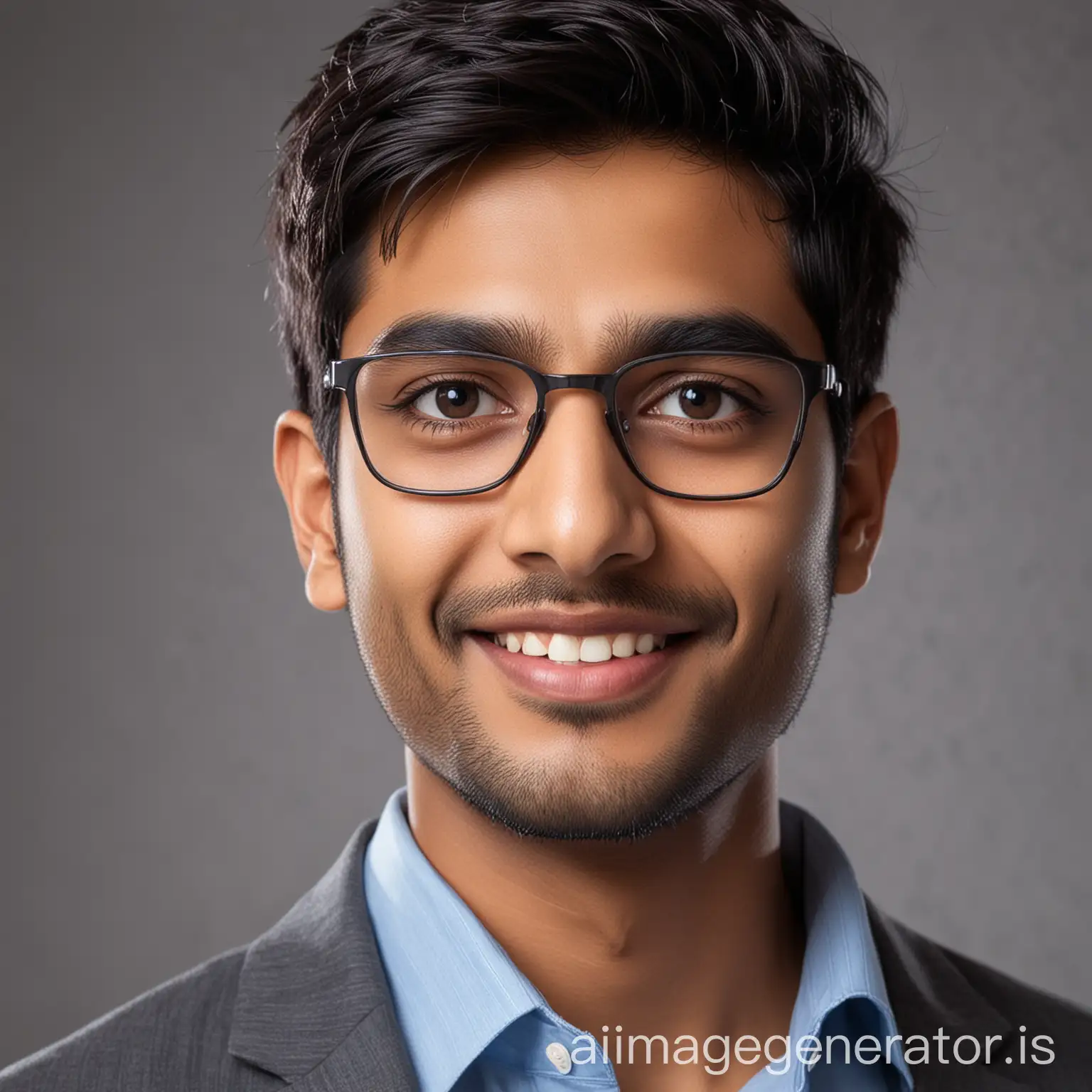 take this picture and make this picture into a professional picture of 28 years old Indian boy, which can be used for LinkedIn and other business areas. Put spectacle on the face as well.