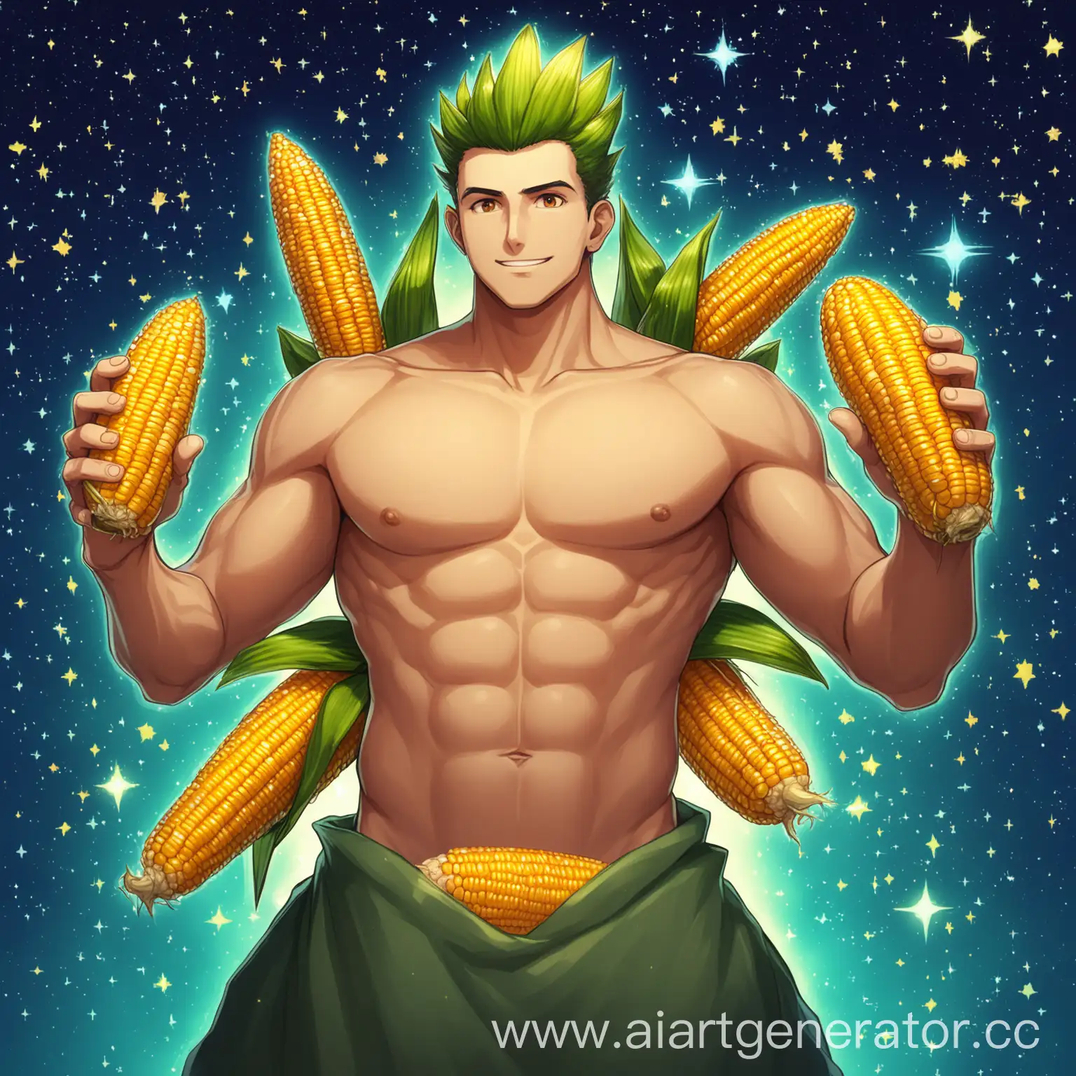 A guy with a bare torso, holding corn in his hands, is playing bravl stars