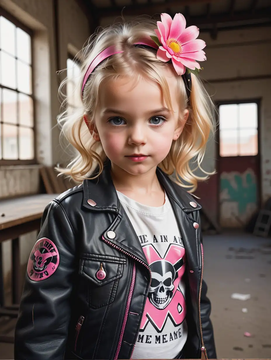 Imagine me a little 7 years old blonde girl , with a pink flower in the hair , the style is very  retro viintage  ,she is  looking verry hapy  in the camera lens and they have fun , she is dressed in a punk leather jacket, she looks like a motorhead rock and roll girl, the picture is taken in an old  vintage desolated wearhouse