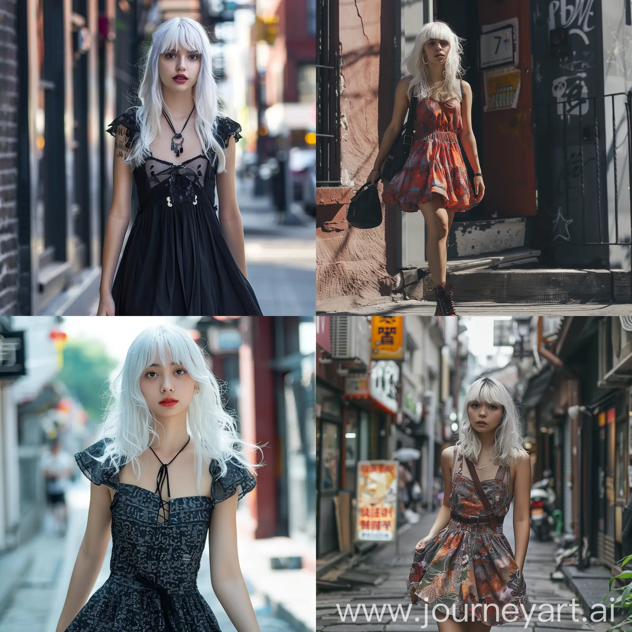 Beautiful girl walk street with dress, white hair bangs,