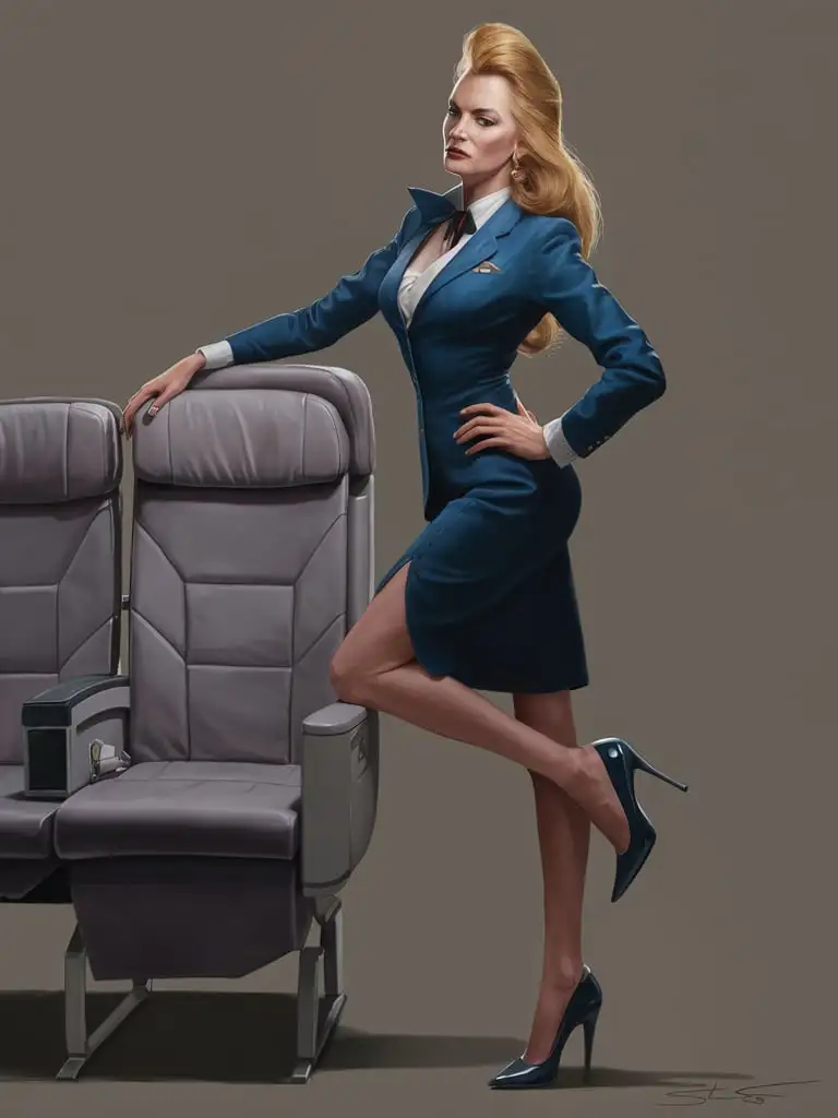 Mature Flight Attendant with Golden Hair Leaning in Airplane Cabin