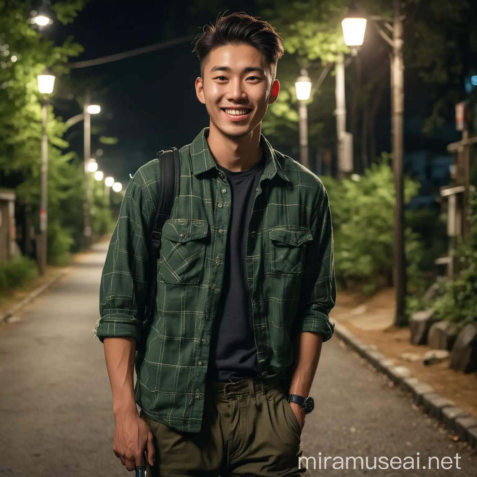 Handsome Korean Man Smiling on Hiking Trail in Japanese Village at Night