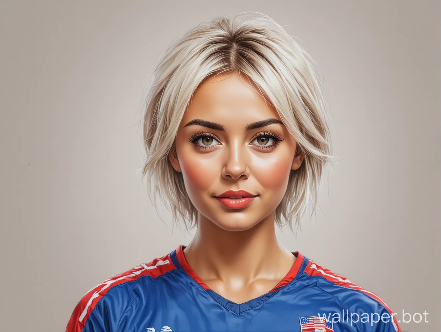Sketch of Ani Lorak 25 years old short hair blonde with 4th breast size narrow waist in red-blue soccer uniform white background liner drawing portrait 16K