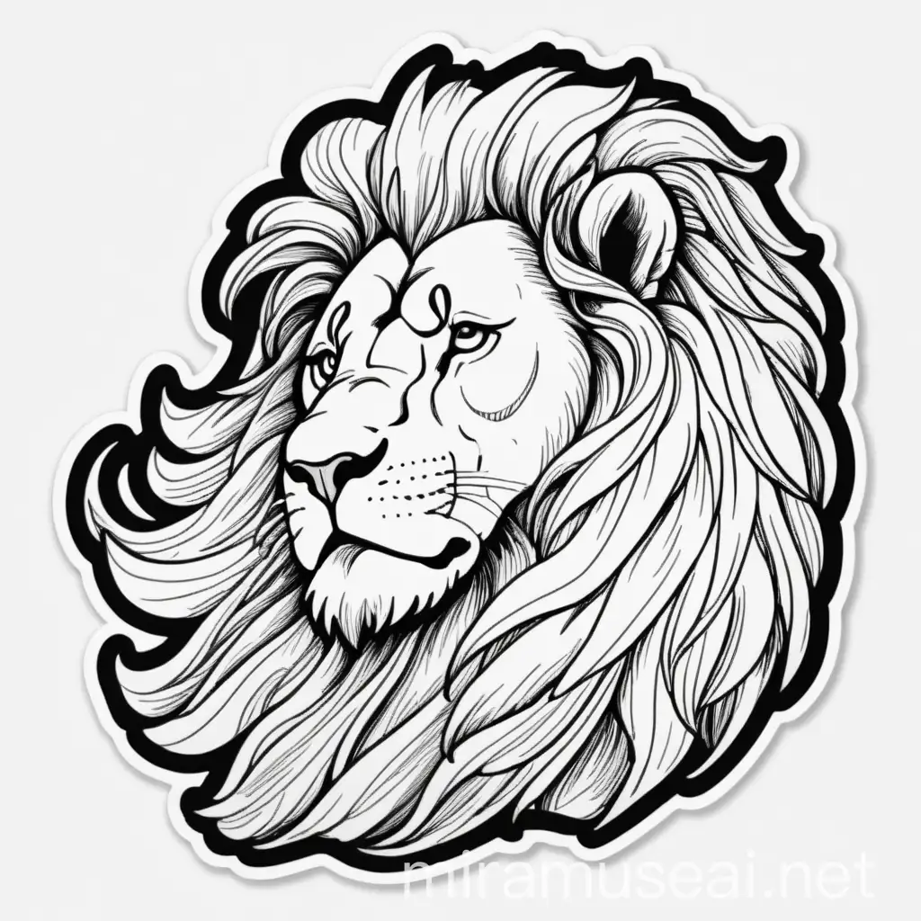 Sticker. A beautiful lion with a gorgeous mane blowing in the wind. Only head. Look forward. JoJo reference. Line drawing with no colors, No background.