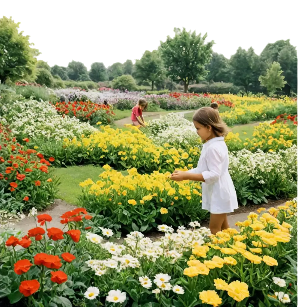 Vibrant-PNG-Image-Children-Picking-White-Yellow-and-Red-Flowers-in-a-Garden