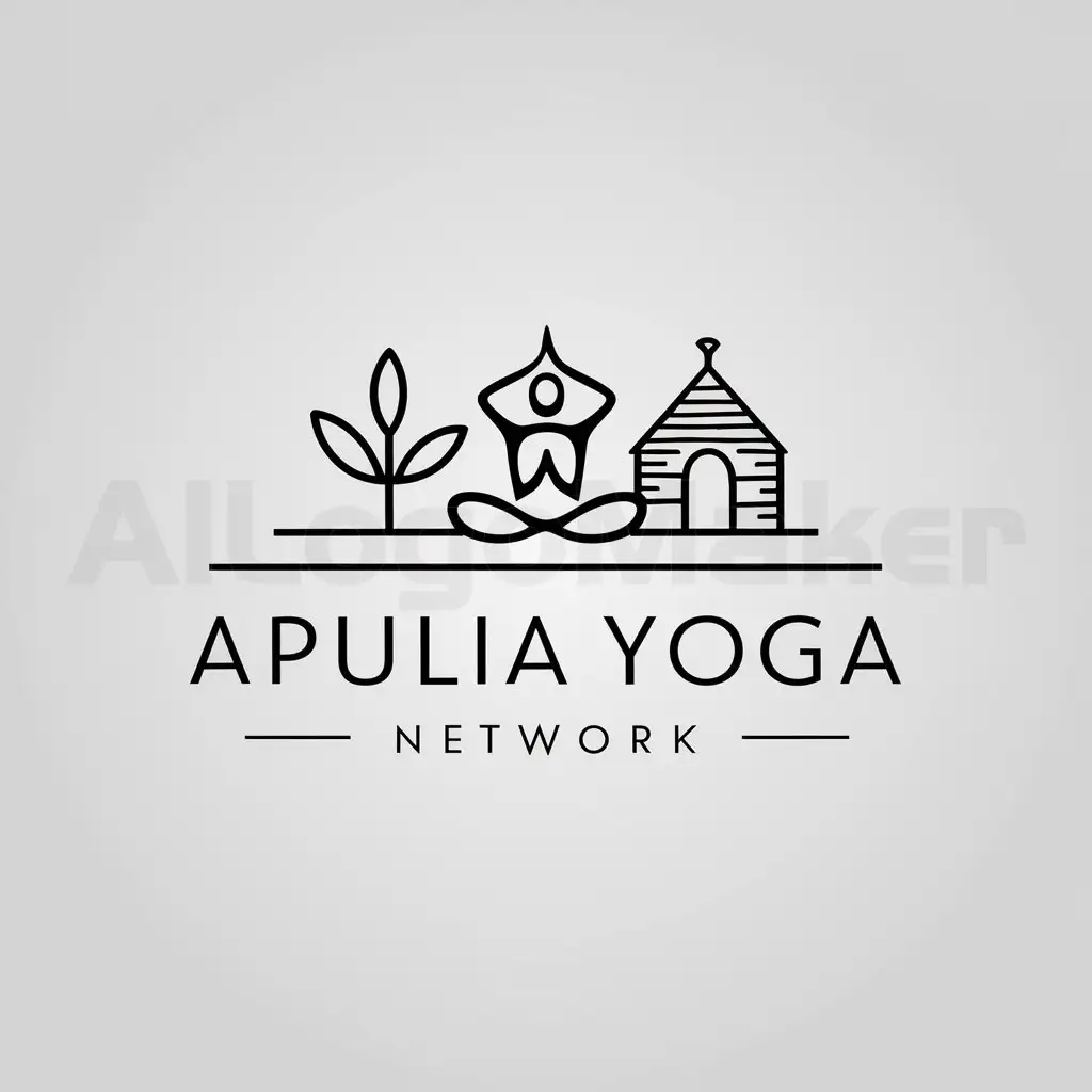 a logo design,with the text "apulia yoga network", main symbol:minimalistic stylized logo for the brand 'Apulia Yoga Network'. The logo must contain a yogi in lotus position, an olive tree and a trullo (typical farm house building),Moderate,be used in Beauty Spa industry,clear background