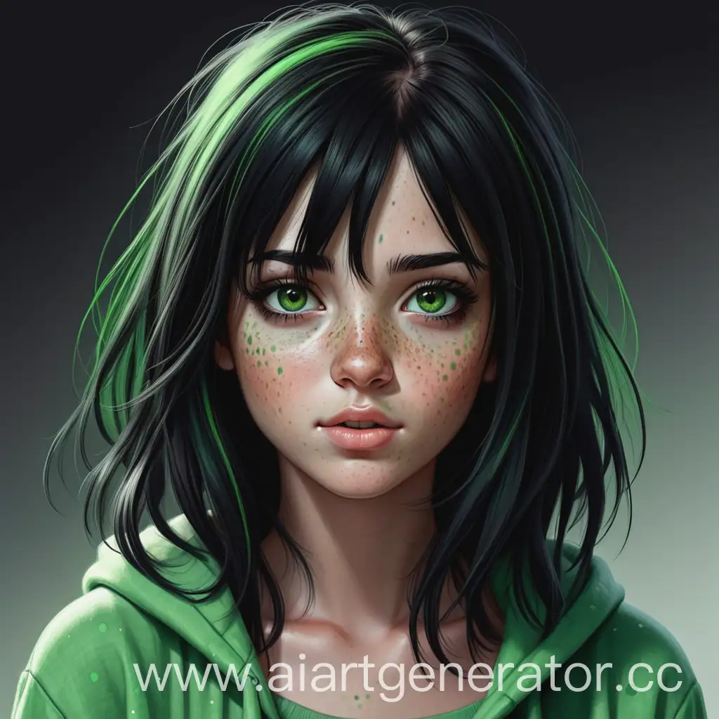 Realistic-Portrait-of-a-Girl-with-Black-Hair-and-Green-Highlights-Dark-Brown-Eyes-and-Freckles