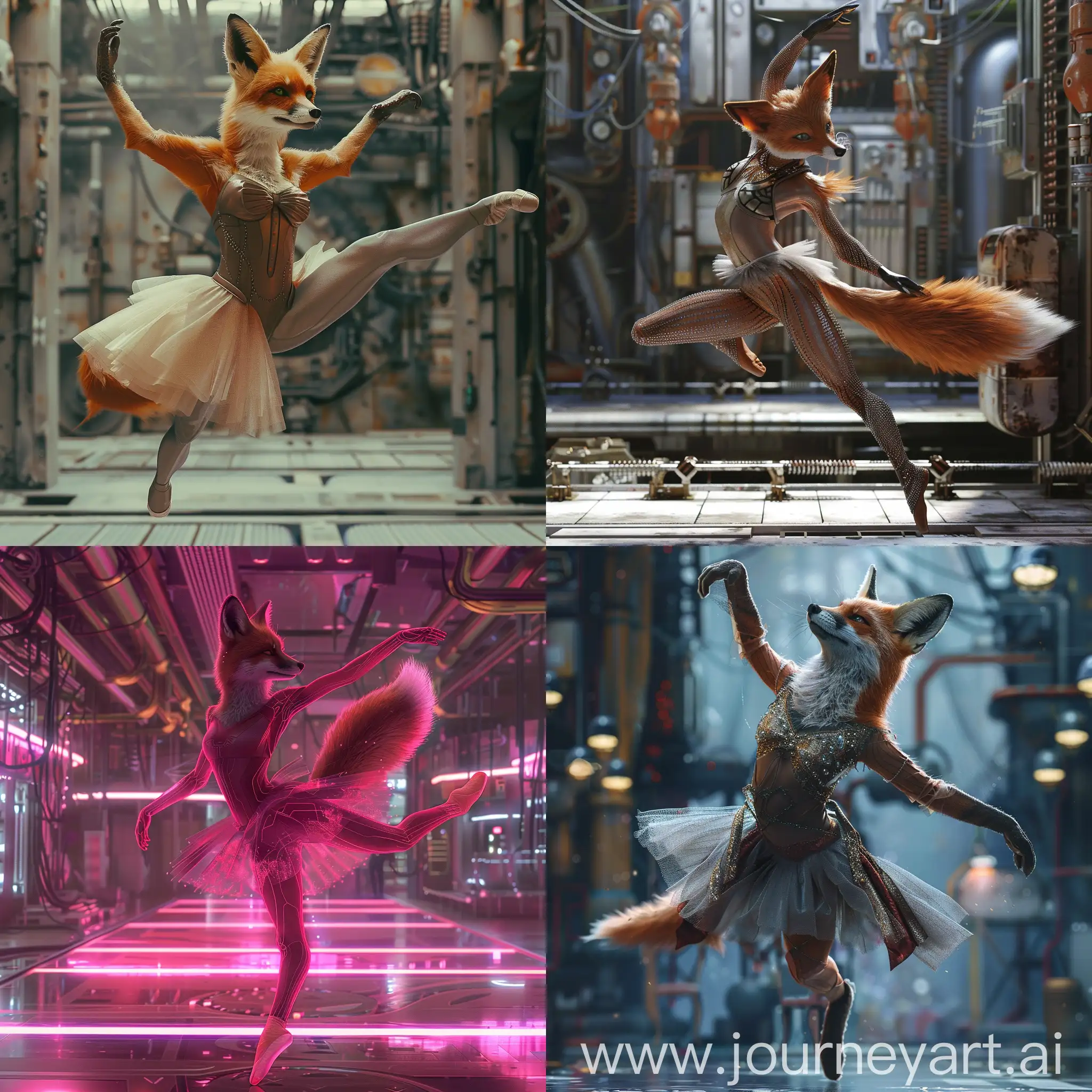 балерина лисица танцует балет в киберпанке, делает движение гранд жете