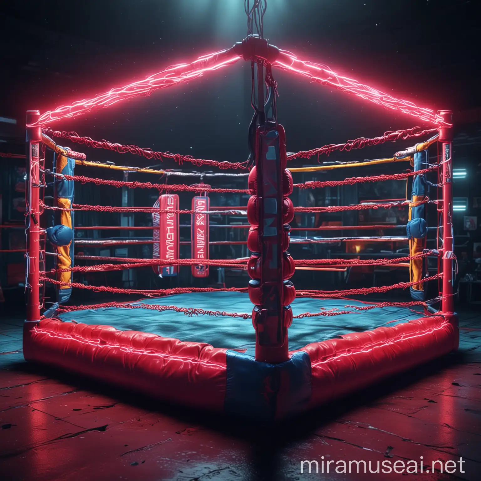 boxing ring, boxing gloves, vibrant colors, high definition, neon style, futuristic,