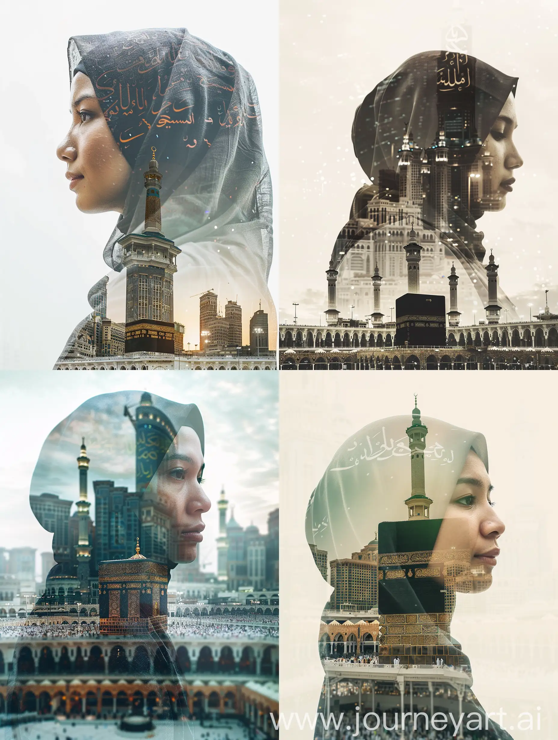 double exposure portrait of an Indonesian woman, wearing a hijab, with a beautiful Kaaba in Mecca view screen, HDR, realistic, Quality HD"