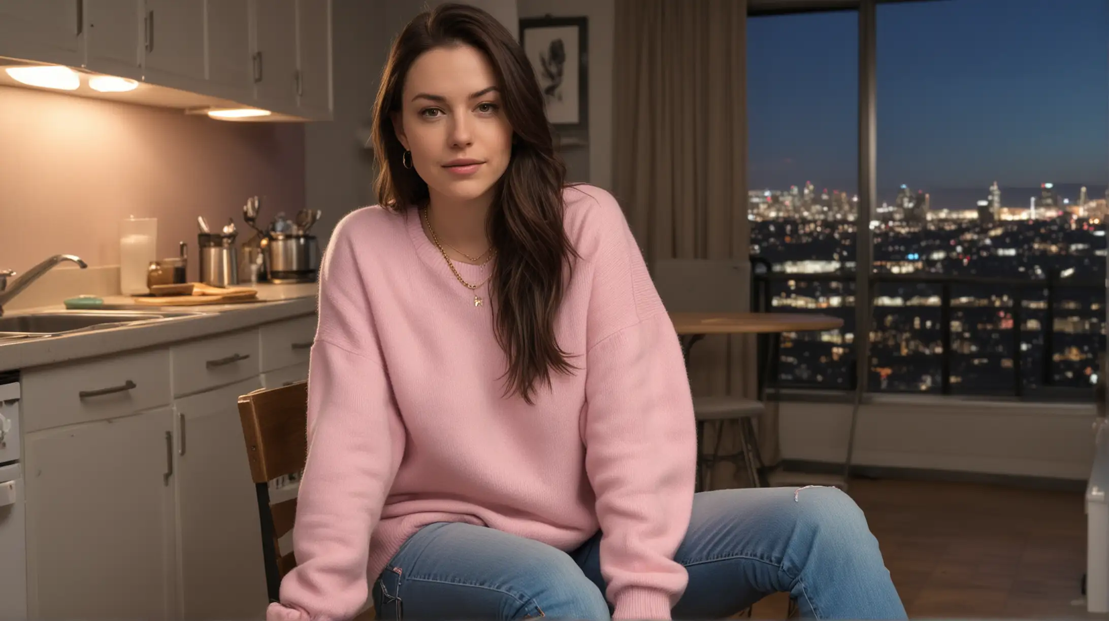 In a small dim kitchen at night, 33 year old pale white woman with long dark brown hair parted to the right sitting on a chair, wearing a pink sweater, blue jeans, gold necklace, Chuck Taylor sneakers. Night urban dense high rise background.
