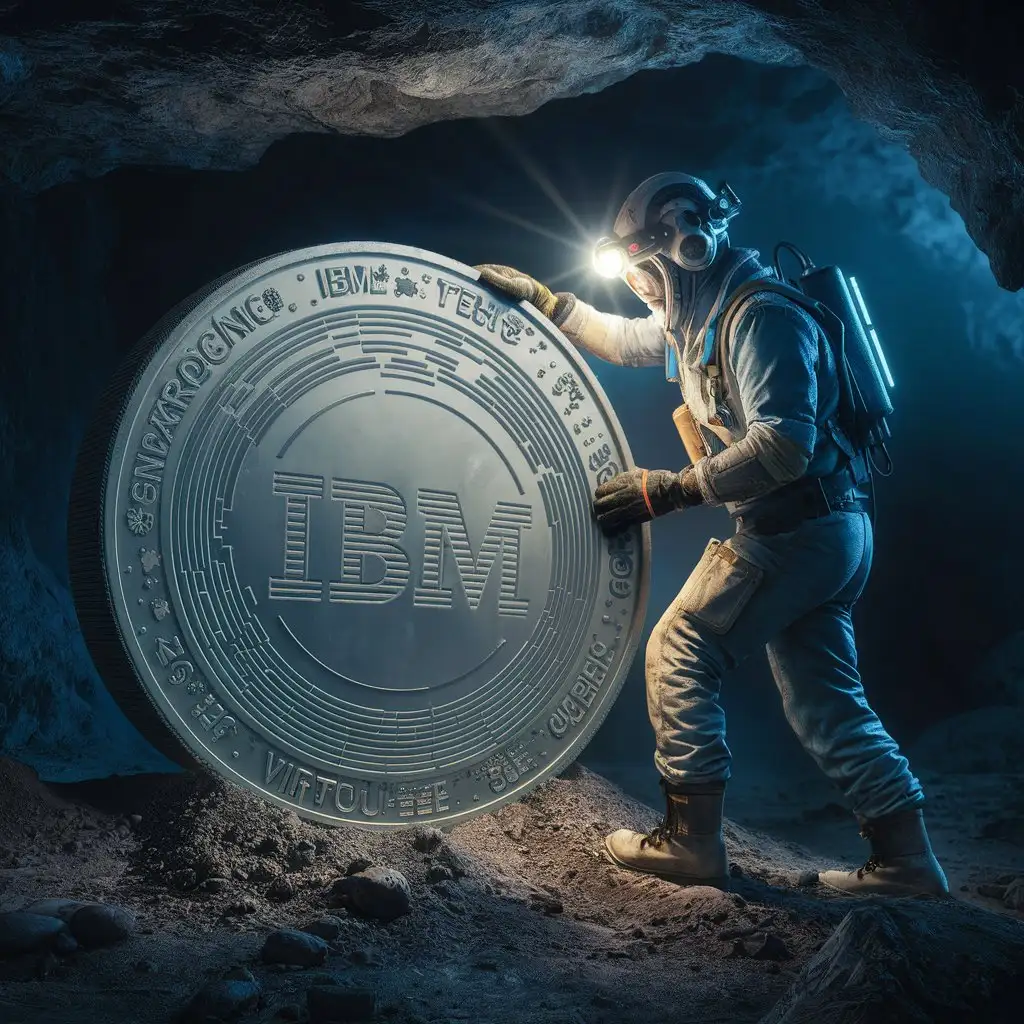 请生成一张图片，主要是imb要出一款虚拟币，币上面有三个字母IBM，工人在挖的时候挖出来就是这个币