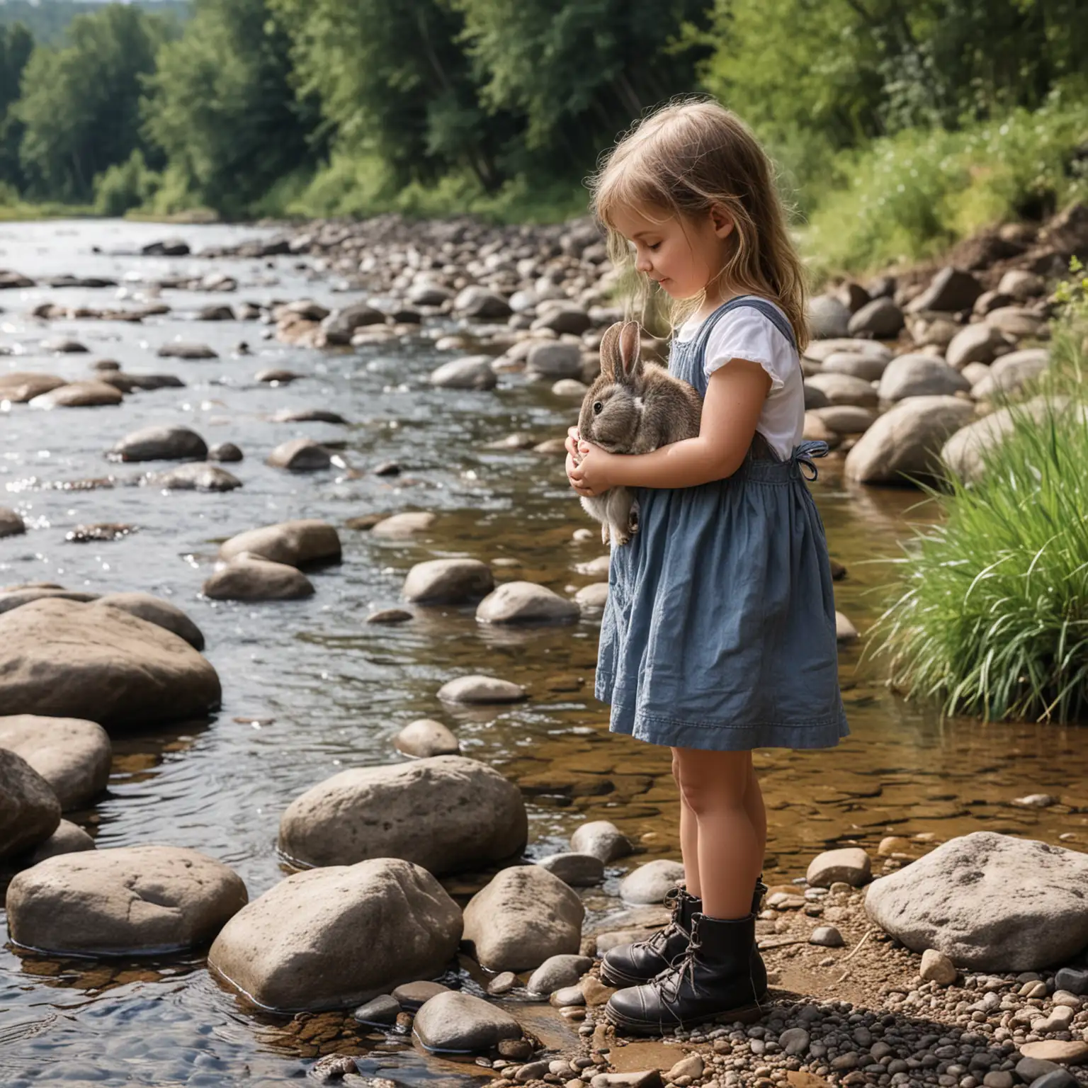 Little girl holding a rabbit, beside a shallow river, with big rocks