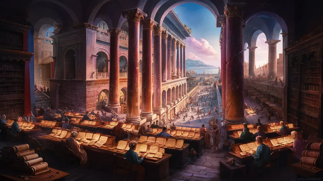 Create a captivating digital illustration of the Library of Alexandria. The scene should depict the grandeur and mystery of the ancient library, with detailed architectural elements such as towering columns, vast reading rooms filled with scrolls, and scholars studying. Include a backdrop of the bustling ancient city of Alexandria, with the Mediterranean Sea in the distance. The image should evoke a sense of wonder and intrigue, blending elements of historical accuracy with artistic imagination. Ensure the colors are vibrant, capturing the essence of knowledge and discovery. Include subtle references to the myths and legends surrounding the library, such as hidden scrolls or secret chambers. The atmosphere should be both majestic and slightly mysterious, hinting at the lost knowledge and the enduring legacy of the library.