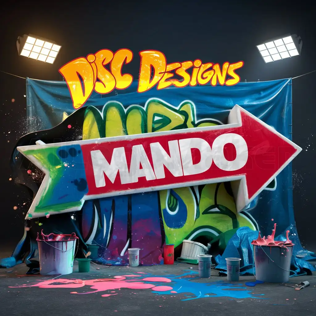 a logo design,with the text "Disc designs", main symbol:freshly painted illegal Street graffiti . Above the logo name there is a wide arrow with the word 'MANDO' in the largest text, deep bright colors, street lighting, graffiti-style text and art, buckets of paint, paint cups, spilled and splashed paint, paint drops flying, tarps, dark background,Moderate,clear background
