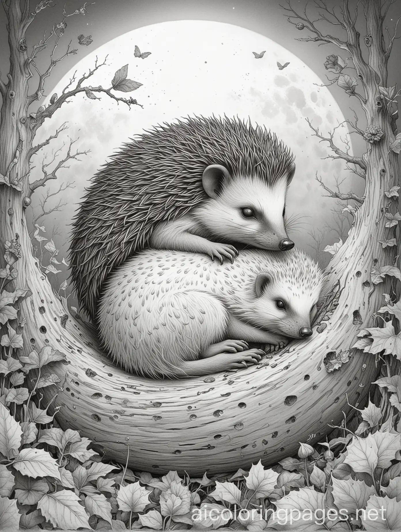 beneath an ivory moon, the hedgehog lay sleeping, Jean-Baptiste Monge style, Coloring Page, black and white, line art, white background, Simplicity, Ample White Space. The background of the coloring page is plain white to make it easy for young children to color within the lines. The outlines of all the subjects are easy to distinguish, making it simple for kids to color without too much difficulty