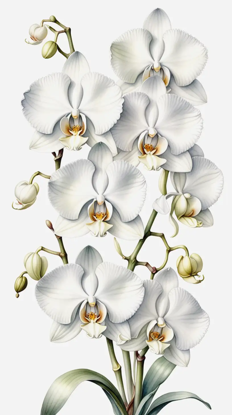 botanical style watercolor painting of all white lush orchids, in the style of Pierre-Joseph Redouté on a solid white background