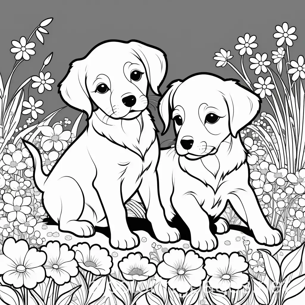 Puppies playing in field of flowers , Coloring Page, black and white, line art, white background, Simplicity, Ample White Space.