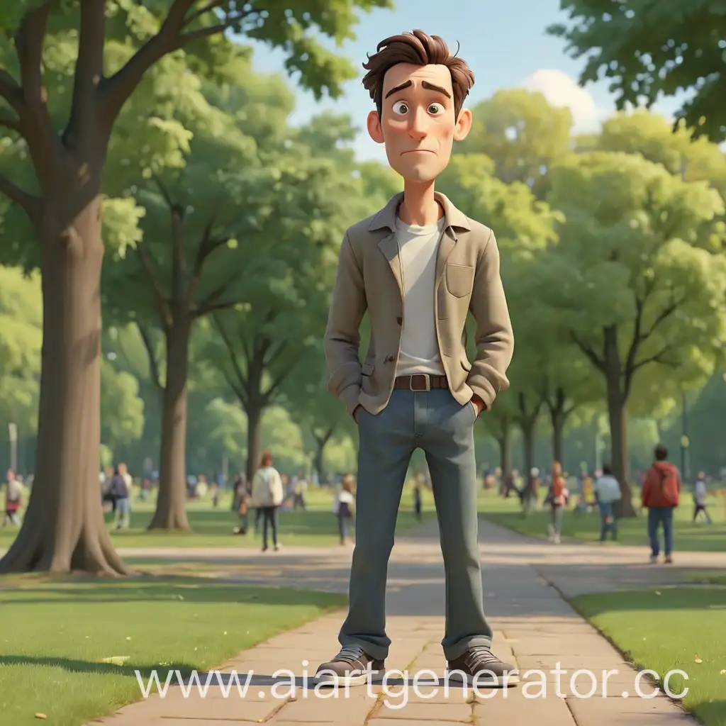 мультяшный мужчина в полный рост в парке повернутый к камере боком