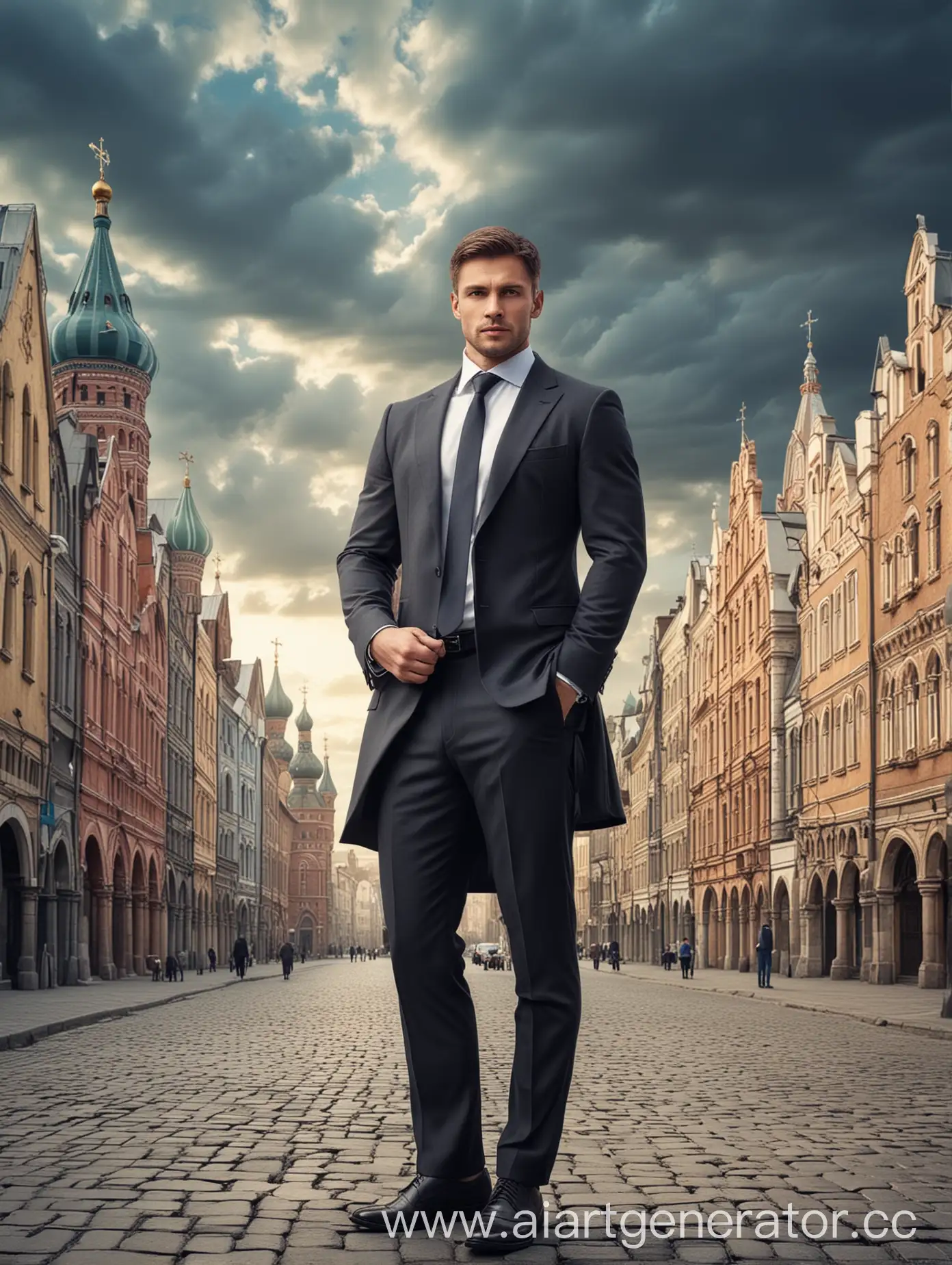 Contemporary-Businessman-in-Historic-Russian-Cityscape