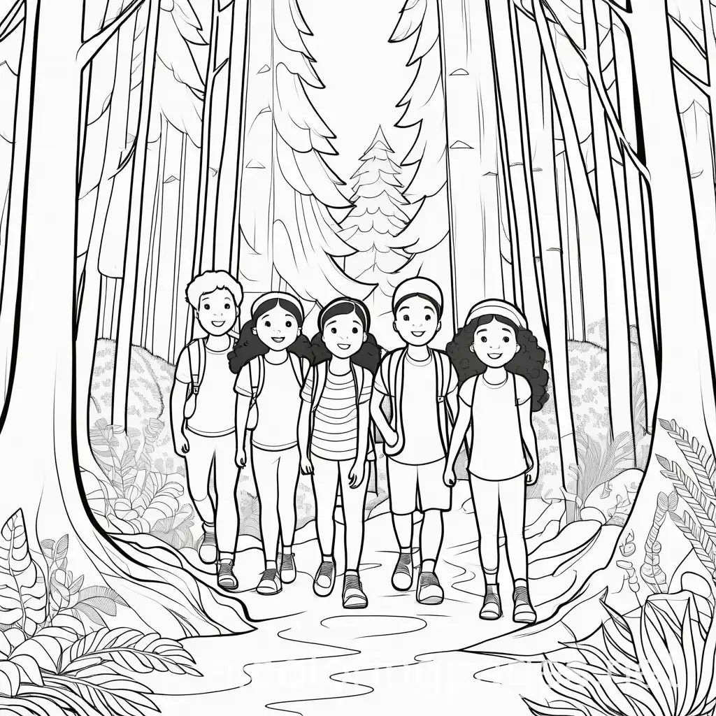 "Be Brave": A group of diverse children exploring a forest, Coloring Page, black and white, line art, white background, Simplicity, Ample White Space. The background of the coloring page is plain white to make it easy for young children to color within the lines. The outlines of all the subjects are easy to distinguish, making it simple for kids to color without too much difficulty