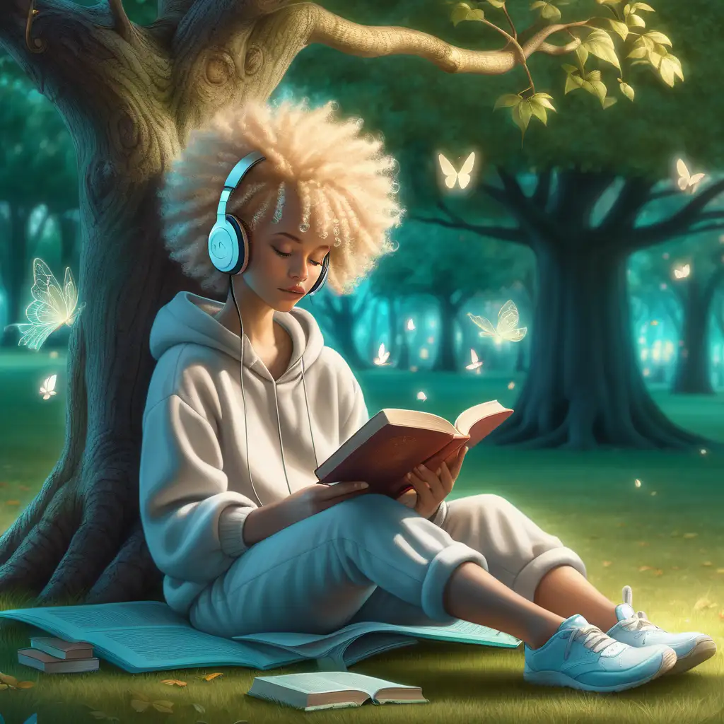an image where a woman with blond afro hair 
 in house clothes is sitting on the floor in a park reading a book with headphones on she is resting on a tree she is dressed normal. the scene is mystical and magical , like she steeped into a fairy tale
