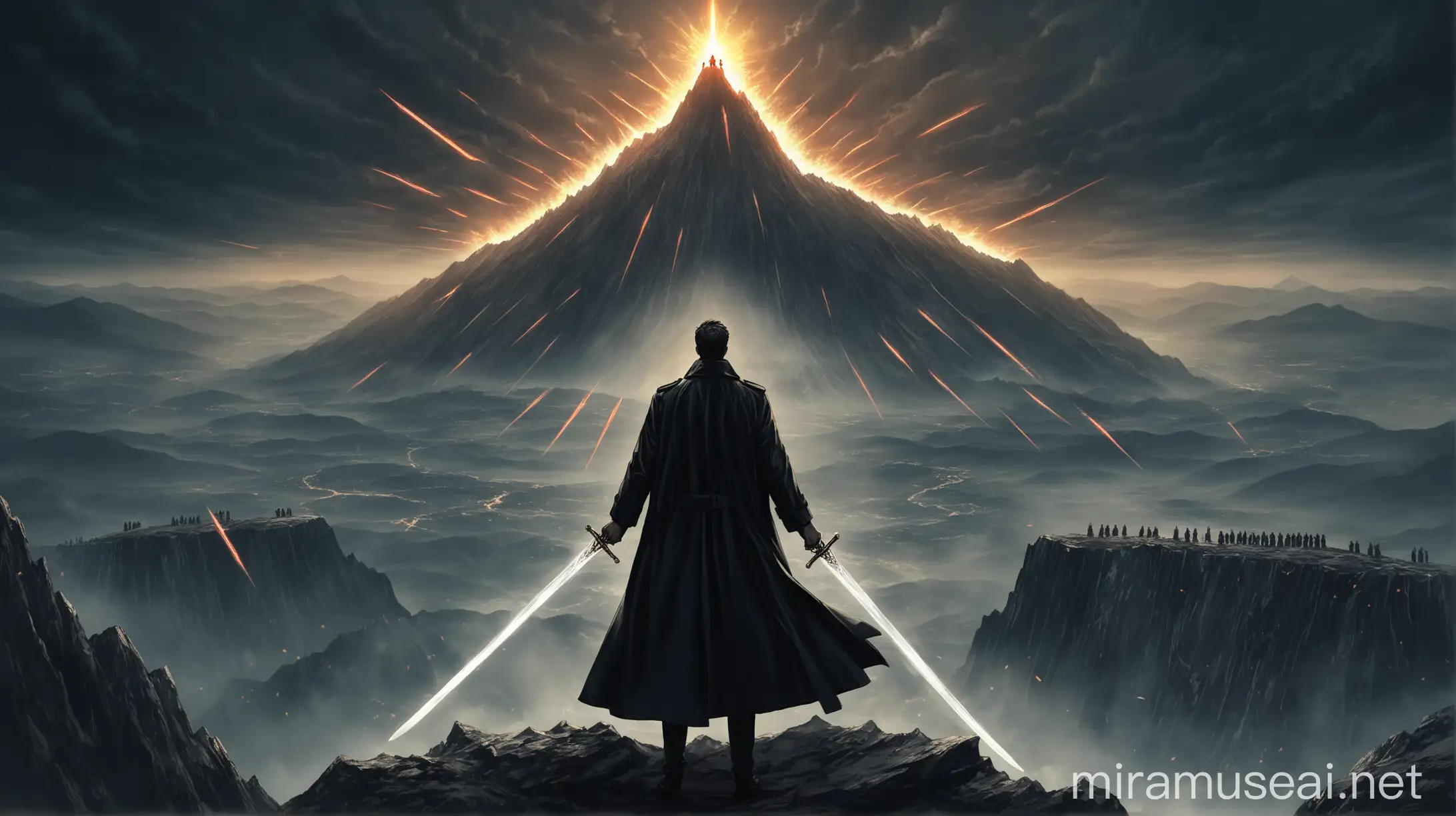 a man dressed in a black trench coat with his back on the top of a mountain watching a war break out on the horizon, the man has seven glowing swords around him that float before his presence