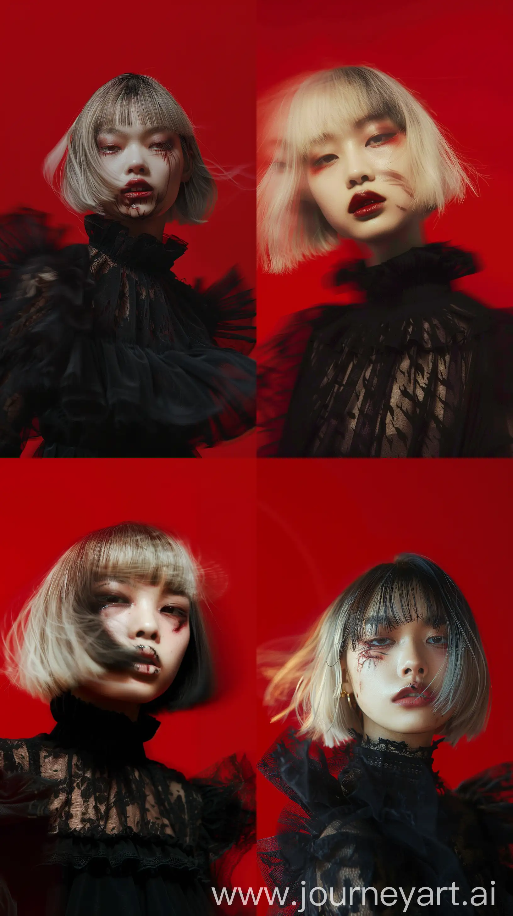 create a detailed image of 16 years old asian female models with blonded bob hair, wounded make up, blurred against red background, wearing  a blackout gothic oversize high fashion --ar 9:16