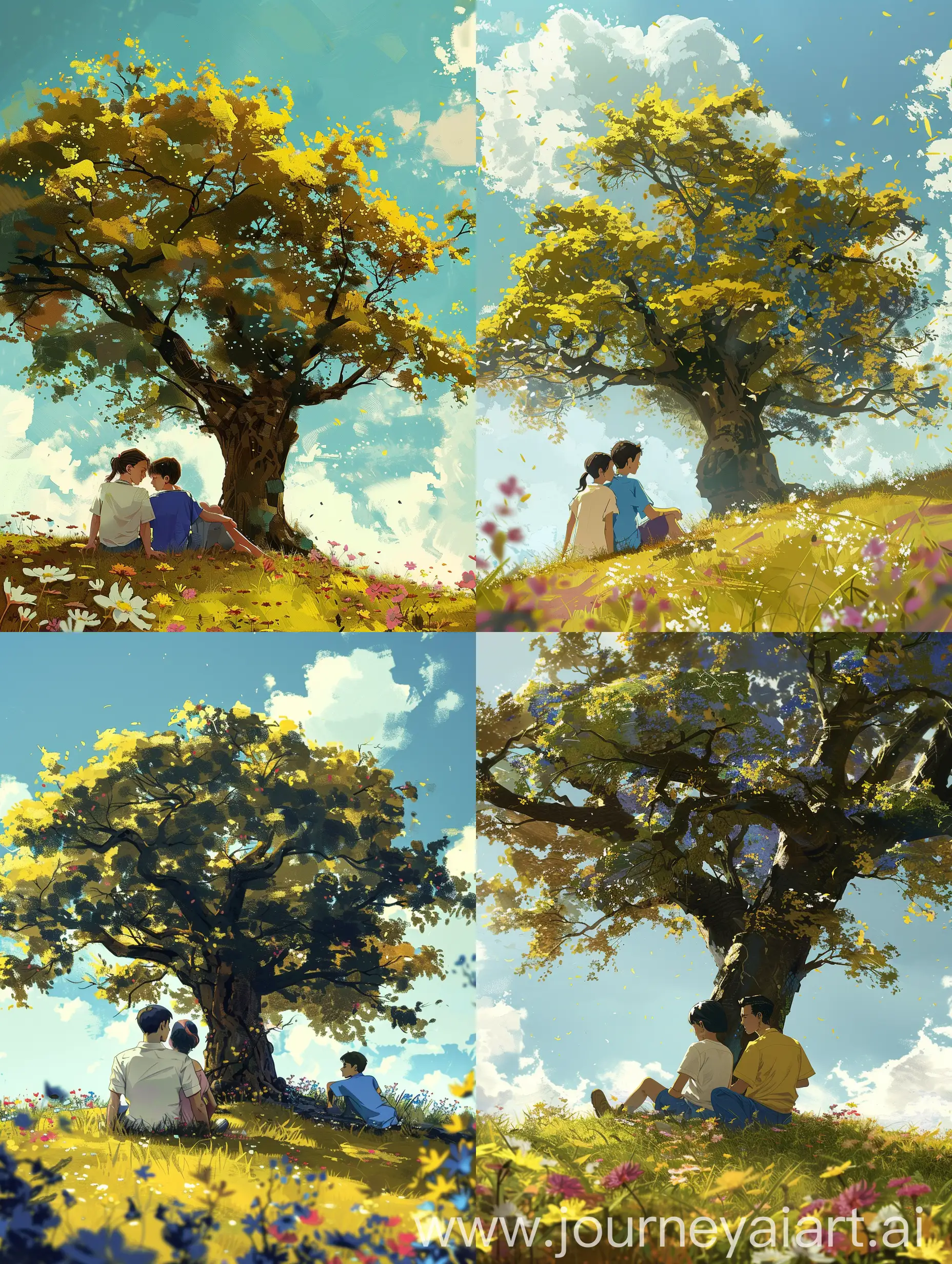 A boy and a girl siiting underneath the huge oak tree in a hill,flowers,grasses,fluffy white clouds,cinematic, vivid