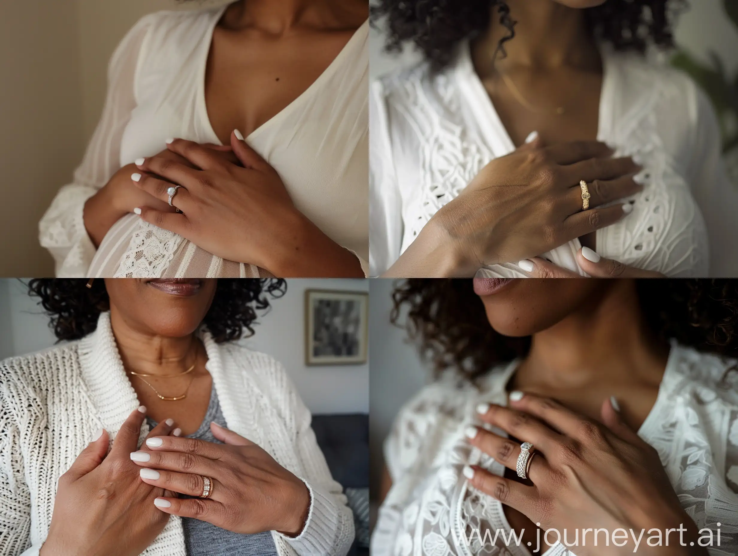 Aesthetic instagram selfie of a pregnant mother. mid 30's, hands resting over chest, wedding ring, white gel nail polish, African American, NYC Apartment