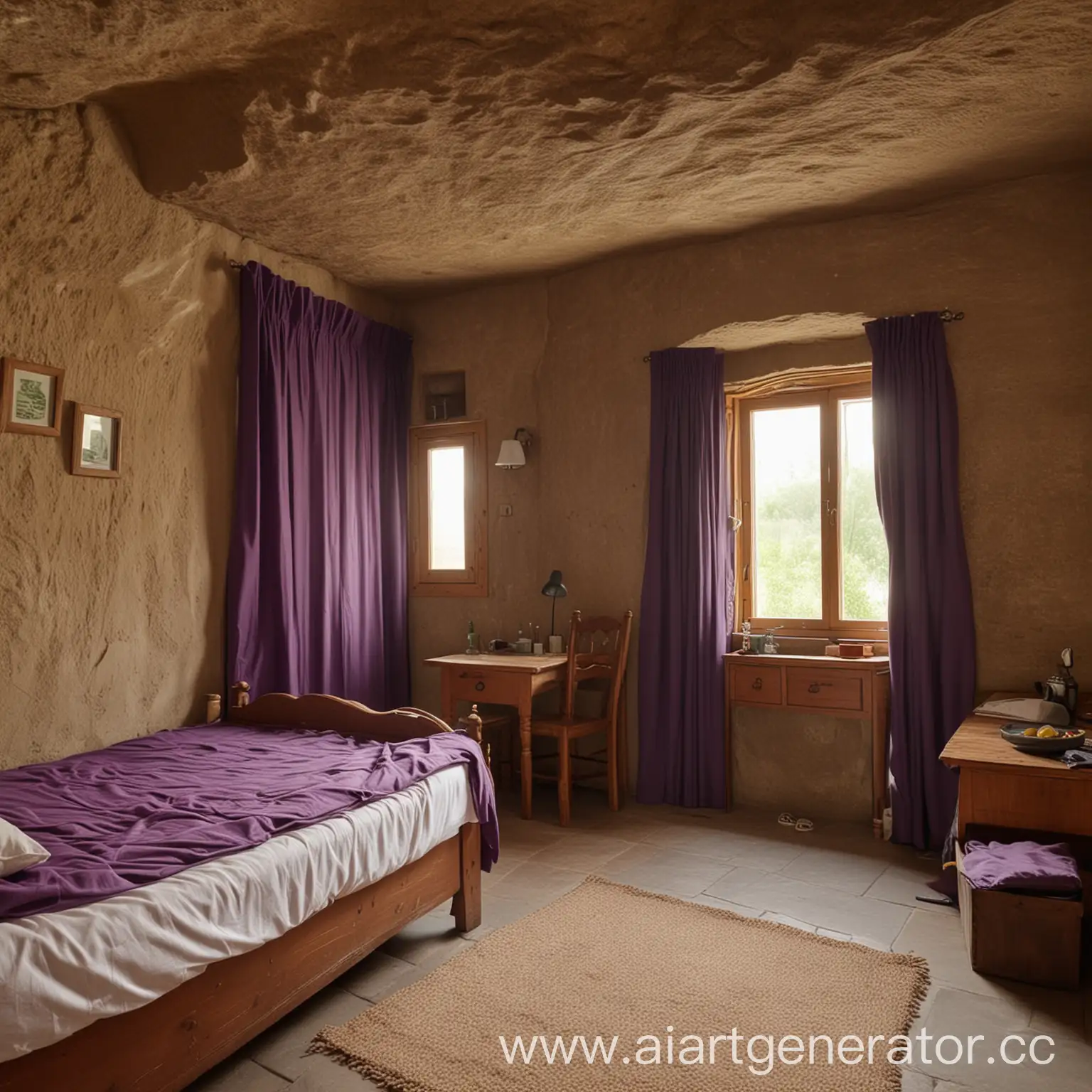 The cave is clean and cosy. There two wide windows, one brown door in the cave. The purple curtains on the windows are very nice. There  is a small brown table near the window and there is big  green bed near the cupboard.