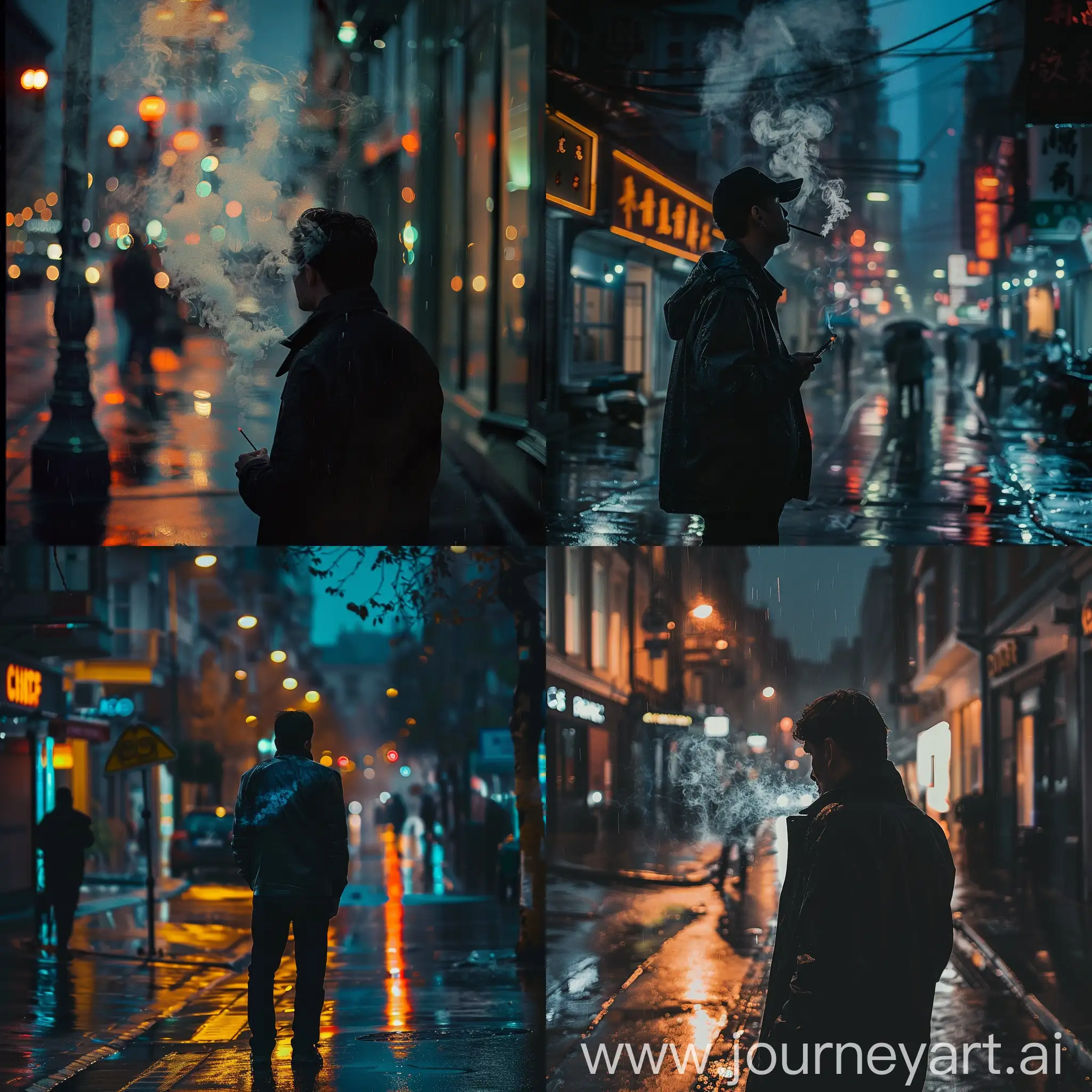 Man-Smoking-on-Rainy-Street-Looking-Back