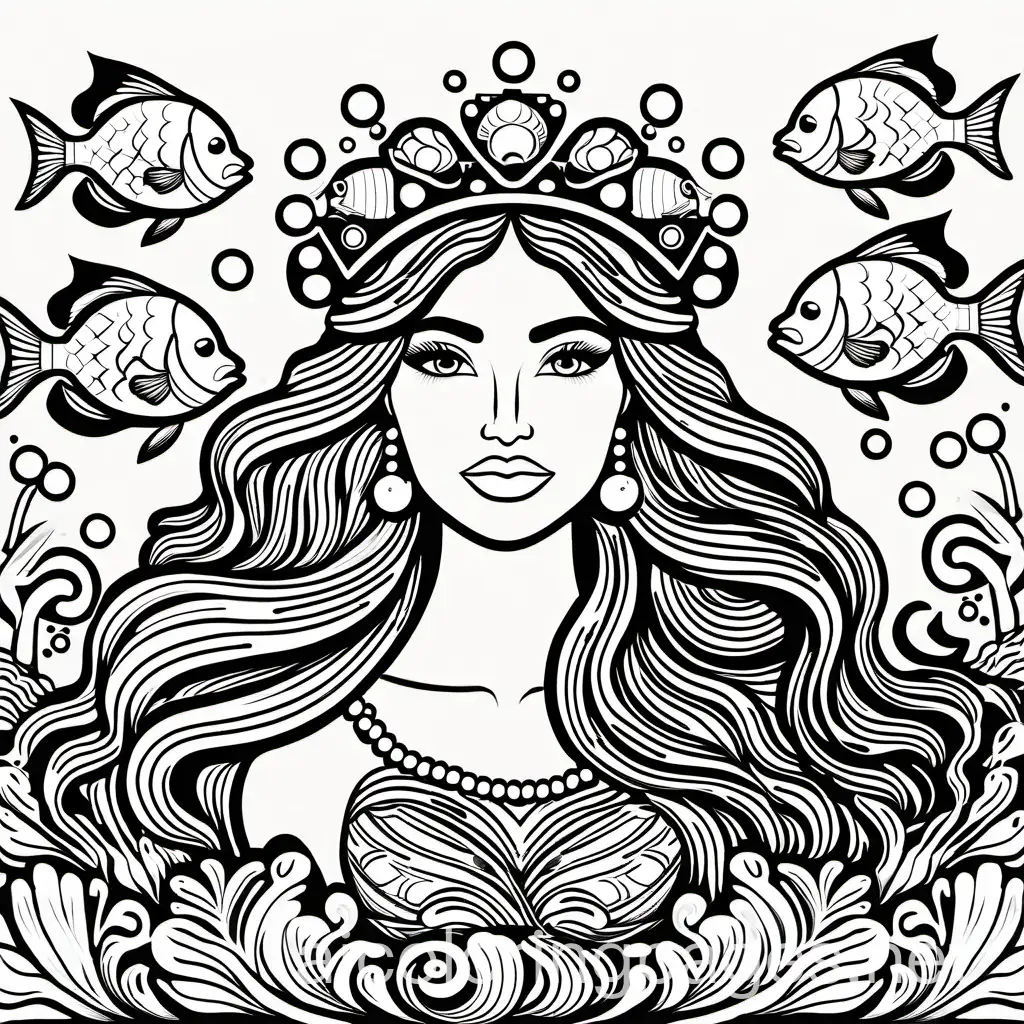 Latina-Woman-with-Braided-Crown-Adorned-with-Seashells-and-Pearls-Coloring-Page